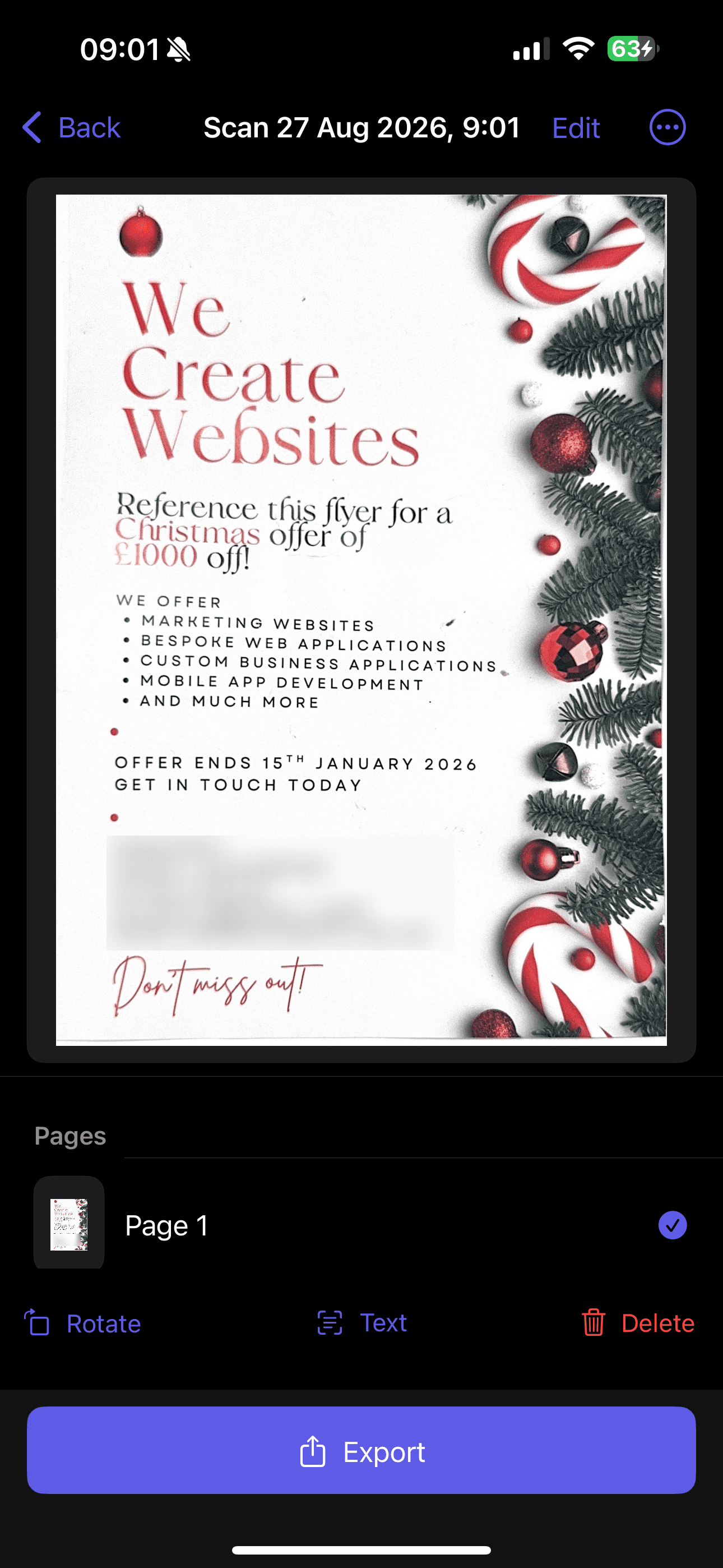 A scanned flyer in BlinkScan, with controls to rotate the page, recognise text, and export the document.